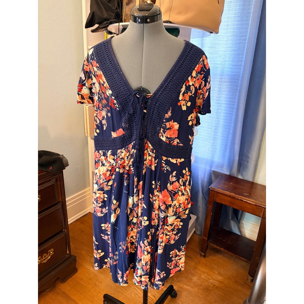 Torrid Floral Dress 0 Navy Blue Lace Up Crochet Trim Tassel Boho Cottagecore